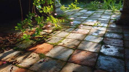 A picturesque view of a charming stone pathway bathed in sunlight, showcasing lush greenery and delicate flowers that evoke a serene garden atmosphere.の素材
