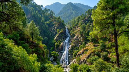 Experience the breathtaking beauty of a majestic waterfall cascading through a vibrant green forest, surrounded by rocky mountains and clear blue skies.の素材