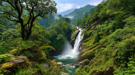 A breathtaking waterfall surrounded by lush green trees and vibrant foliage flows into a serene pool, showcasing nature's beauty under a clear sky.の素材