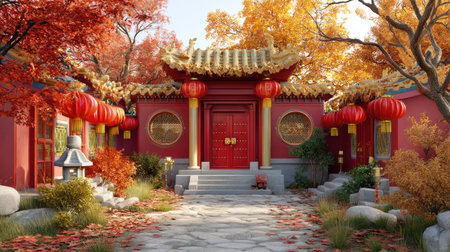 A stunning autumn scene showcasing traditional Asian architecture adorned with vibrant lanterns amidst a serene garden filled with colorful foliage.の素材