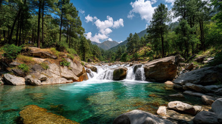 This captivating image showcases a tranquil mountain stream flowing over smooth rocks, surrounded by lush greenery and towering trees, under a bright blue sky.の素材