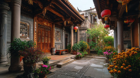 This image captures a tranquil courtyard featuring traditional Asian architecture. Vibrant flowers and ornate lanterns enhance the serene atmosphere, showcasing detailed wooden construction and a peaceful garden setting.の素材
