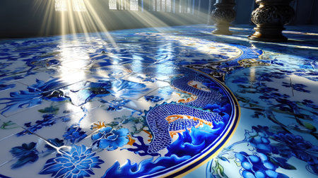This image features a beautiful ceramic tile pattern showcasing an intricate dragon and floral design, illuminated by soft sunlight in an elegant architectural space.の素材
