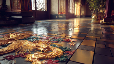 Explore an exquisite interior featuring a golden dragon design on temple flooring, showcasing artistic craftsmanship, cultural significance, and serene ambiance.の素材