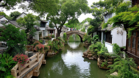 This enchanting scene showcases a picturesque waterway lined with charming traditional buildings, vibrant flowers, and lush greenery, creating a serene atmosphere.の素材