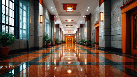 A stunning and elegant modern hallway showcasing a glossy floor and contemporary design elements, creating a vibrant and inviting atmosphere in an urban building.の素材