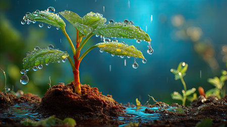 This close-up image captures a fresh green plant with water droplets glistening on its leaves, set against a serene backdrop of rain-soaked soil and soft focus.の素材
