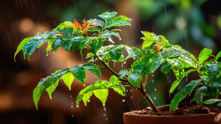 A stunning close-up image capturing the essence of nature with raindrops on vibrant green leaves, illustrating freshness and growth in a serene setting.の素材