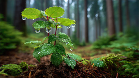 A captivating young green plant adorned with glistening dew drops, set against a serene forest backdrop. This image embodies nature's beauty and tranquility, showcasing the freshness of growth in the wilderness.の素材