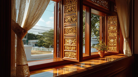This stunning image features an elegant wooden window with intricate carvings, softly draped curtains, and a serene outside view, perfect for interior decor inspiration.の素材