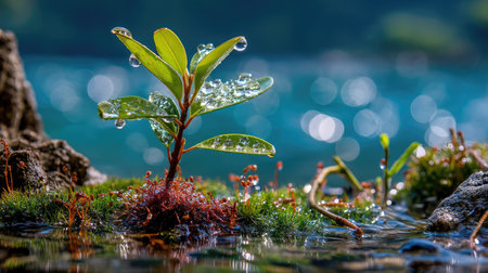 A fresh green plant thrives with water droplets glistening on its leaves, surrounded by serene water reflections in a beautiful natural setting.の素材