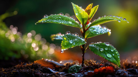 Close-up image of a fresh green plant adorned with dew drops, captured in soft natural light, showcasing the beauty of nature and new growth.の素材