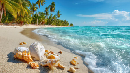 A picturesque tropical beach with soft white sand and vibrant seashells resting along the shore. The gentle waves caress the beach under a clear blue sky, creating a tranquil scene perfect for relaxation and adventure.の素材