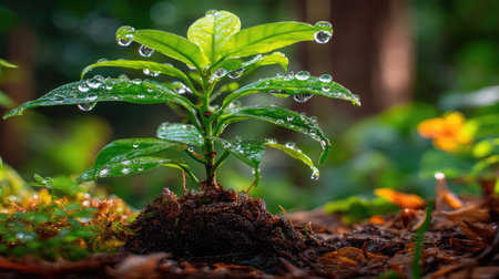 A vibrant green seedling emerges from rich soil, glistening with water droplets, surrounded by lush forest. The scene reflects life and growth in nature.の素材