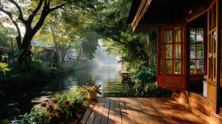 A picturesque wooden house by a serene river, surrounded by lush greenery and vibrant flowers, captures the tranquil beauty of morning light reflecting on calm waters.の素材