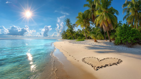 This captivating beach scene features a heart-shaped design in the sand, surrounded by lush palm trees and a tranquil ocean, highlighting natural beauty.の素材