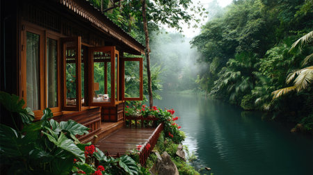 Discover a tranquil wooden cabin nestled beside a lush green river, surrounded by vibrant tropical foliage and a gentle mist, perfect for relaxation.の素材