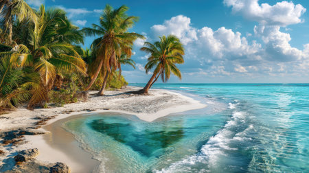 This stunning image captures a serene tropical beach featuring a unique heart-shaped water formation, surrounded by lush palm trees and a bright blue sky.の素材