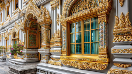 This stunning image captures the intricate golden details and colorful windows of a traditional temple in Southeast Asia, showcasing exceptional craftsmanship and artistry.の素材