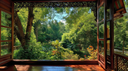 This stunning image captures a serene view of a lush green forest framed by open wooden windows, creating a peaceful escape into nature's beauty.の素材