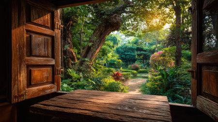 A lush garden view from a rustic wooden window, showcasing vibrant flowers and greenery. The warm sunlight bathes the peaceful scene in golden hues.の素材