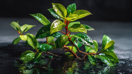A serene composition featuring fresh green leaves with water droplets resting on a reflective surface, evoking a sense of tranquility and natural beauty.の素材