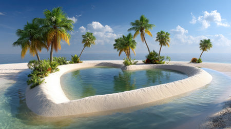 Discover a serene tropical paradise featuring a tranquil water pool surrounded by lush palm trees and sandy shores under a bright blue sky.の素材