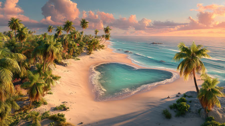 Experience the tranquility of a tropical beach showcasing a heart-shaped lagoon nestled among lush palm trees at sunset, creating a serene escape.の素材