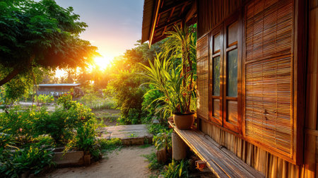 Experience the tranquil beauty of a rustic wooden house at sunset, surrounded by lush greenery and vibrant tropical plants, creating a serene escape.の素材
