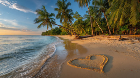 A picturesque beach scene features a heart shape drawn in the sand, surrounded by palm trees with a stunning sunset sky and calm waters. Perfect for romantic getaways.の素材