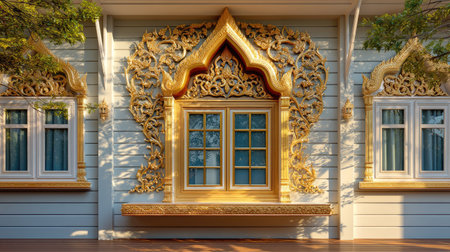 This image showcases a stunning display of ornate golden decorations surrounding windows, exemplifying exquisite craftsmanship and modern architectural beauty.の素材