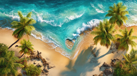 Stunning aerial view showcases a vibrant tropical beach, featuring turquoise water crashing gently on golden sand under bright sunlight. Palm trees frame the coastline, creating a serene escape perfect for vacation and relaxation.の素材