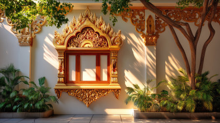 A beautifully designed ornate Thai window showcases intricate decorations and natural elements, illuminated by warm afternoon sunlight. The scene captures a serene atmosphere with lush greenery surrounding the architectural feature, reflecting cultural heritage and craftsmanship.の素材
