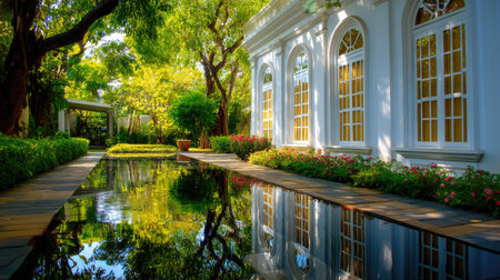 A tranquil garden scene featuring elegant architecture surrounded by lush greenery and vibrant flowers, creating a peaceful atmosphere near water reflections.の素材