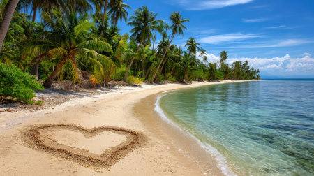 A picturesque tropical beach featuring a heart shape made of sand, surrounded by lush palm trees and clear blue waters under a bright sky.の素材