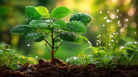 A vibrant green plant with water droplets gracefully perched on its leaves, set against a soft, sunlit background of lush greenery symbolizing growth and renewal.の素材