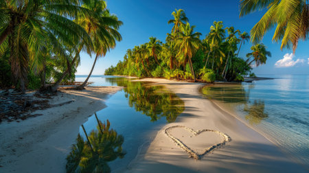 Experience a tranquil tropical paradise where palm trees sway over crystal-clear waters and a heart-shaped sand art invites romance and serenity.の素材