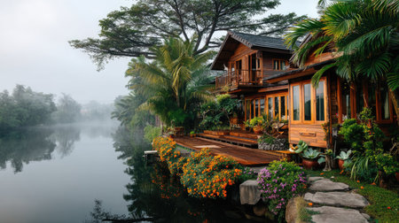 A picturesque wooden house rests gracefully by serene water, enveloped by vibrant flowers and lush greenery, creating a tranquil escape into nature's beauty.の素材