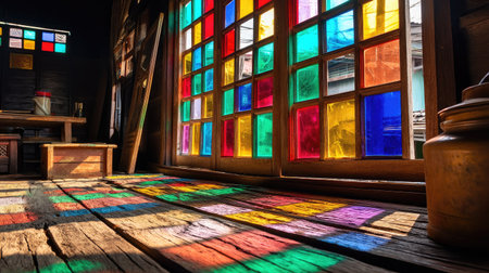 A beautifully arranged interior scene featuring colorful stained glass windows that create vibrant shadows on a rustic wooden floor, enhancing the inviting atmosphere.の素材