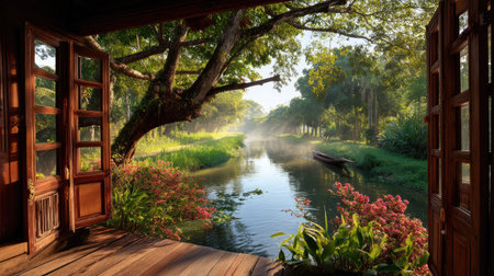 A serene morning view from a wooden porch offers a glimpse of a calm river surrounded by lush greenery and mist. This tranquil scene invites relaxation and appreciation of nature.の素材