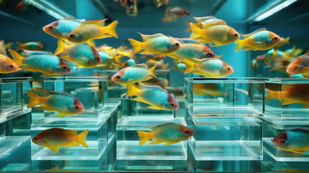 A stunning collection of colorful tropical fish swimming gracefully in clear water tanks, set against a striking blue background, showcasing aquatic beauty.の素材