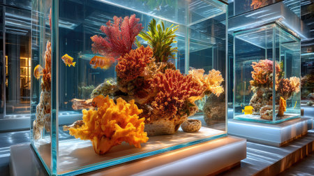 Stunning display of vibrant coral reefs housed in glass aquariums, featuring bright fish swimming gracefully, showcasing an underwater paradise.の素材