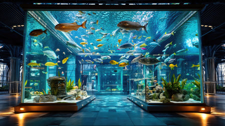 Discover the enchanting beauty of a modern aquarium showcasing a variety of colorful fish and aquatic plants in a serene underwater environment.の素材