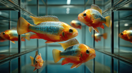 A mesmerizing scene of colorful fish swimming gracefully in a well-lit aquarium, showcasing the beautiful reflections and vivid hues of aquatic life.の素材