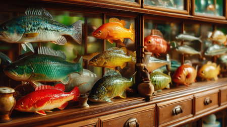 A vibrant collection of colorful decorative fish displayed on wooden shelves inside a vintage cabinet, showcasing craftsmanship and artistic beauty in home decor.の素材