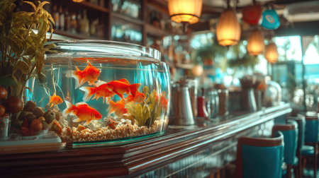 A vibrant aquarium filled with goldfish creates a soothing focal point in a cozy cafe, enhancing the inviting atmosphere and providing a serene ambiance for visitors.の素材