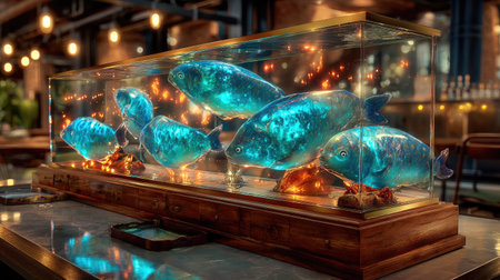 This captivating image showcases a modern aquarium housing vibrant fish, radiating with bright colors and stylish lights, enhancing a classy restaurant setting.の素材