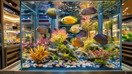 A stunning aquarium scene featuring diverse tropical fish swimming gracefully among vibrant coral and natural decorations, creating a peaceful ambiance.の素材