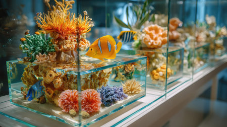 Explore a stunning display of vibrant marine life within glass tanks, featuring colorful coral and various tropical fish in a captivating underwater scene.の素材