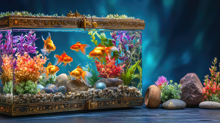 This captivating image showcases a crystal-clear aquarium adorned with colorful goldfish and lush aquatic plants. The vibrant underwater scene brings serenity and beauty to any space.の素材